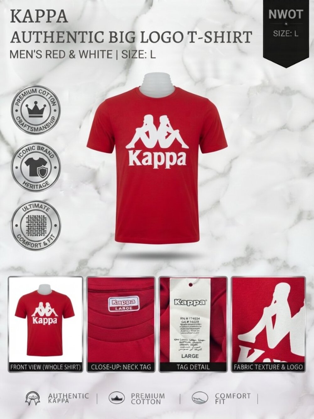 NWOT Kappa Red Logo T-Shirt Men's Size L Crew Neck Graphic Tee Size L